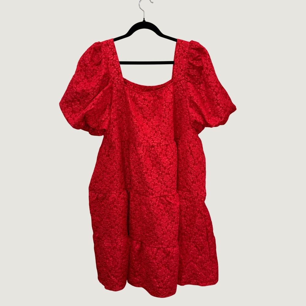 Southern Grace‎ Red Floral Jacquard Puff Sleeve Tiered Babydoll Dress 3XL New
